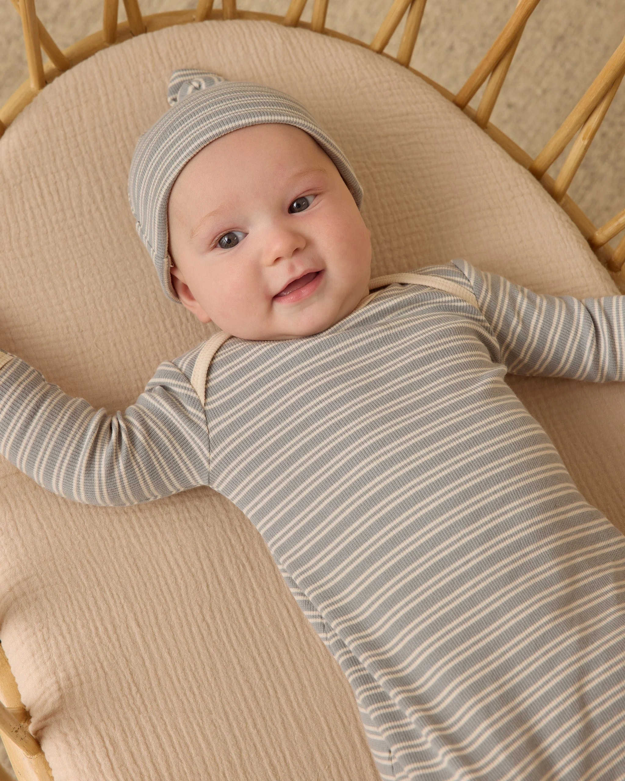 Knotted Baby Gown + Hat Set || Steel Blue Micro Stripe - Image 3