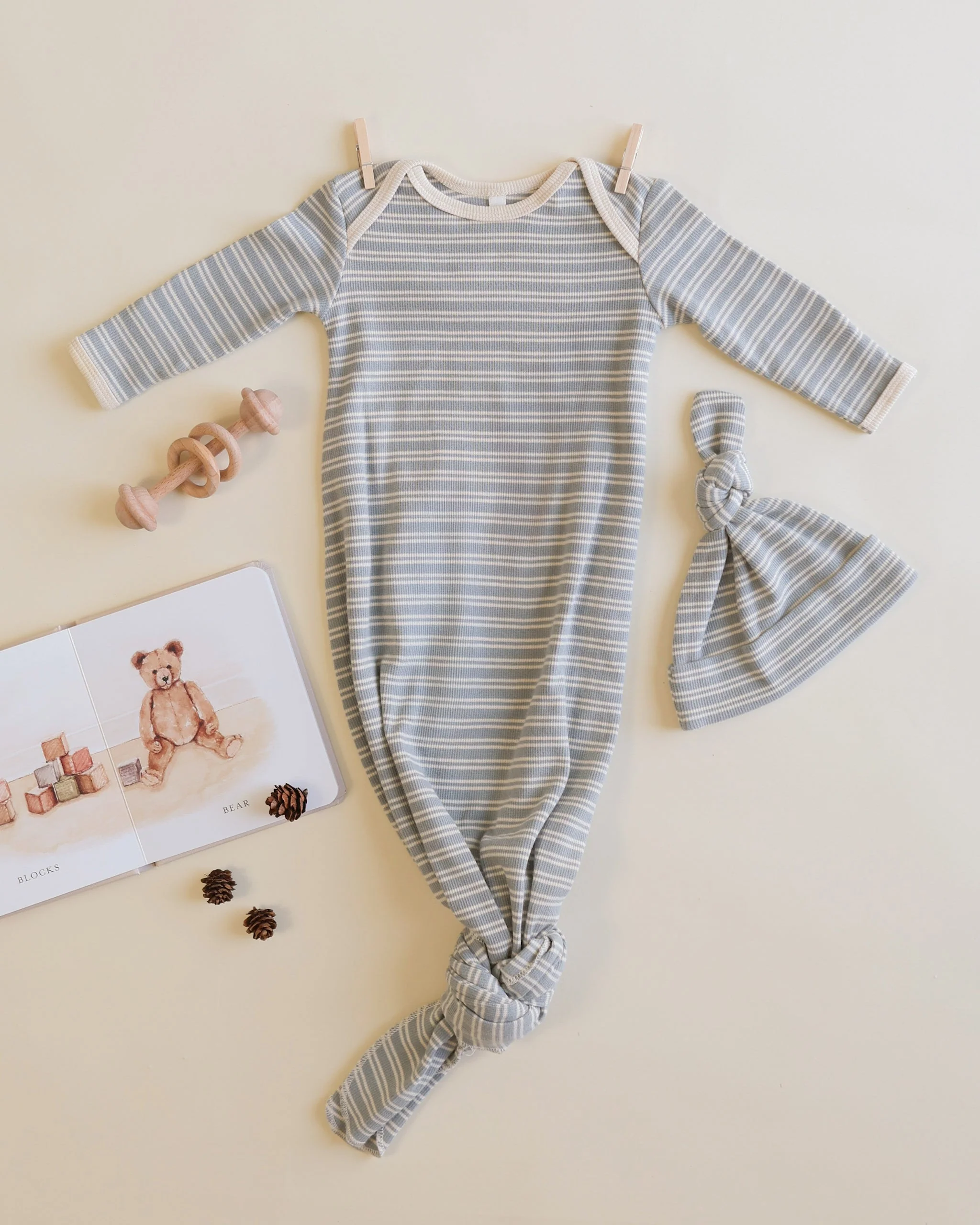 Knotted Baby Gown + Hat Set || Steel Blue Micro Stripe - Image 4